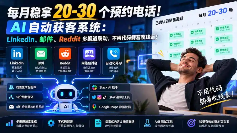 每月稳拿 20-30 个预约电话!AI 自动获客系统:LinkedIn、邮件、Reddit 多渠道联动,不用代码躺着收线索!-云网创