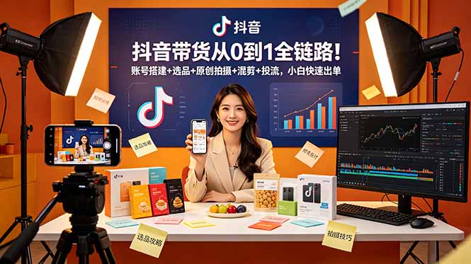 抖音带货从0到1全链路！账号搭建+选品+原创拍摄+混剪+投流，小白快速出单-云网创