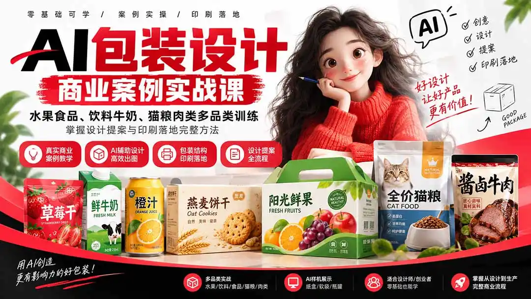 AI包装设计商业案例实战课：水果食品、饮料牛奶、猫粮肉类多品类训练，掌握设计提案与印刷落地完整方法-云网创