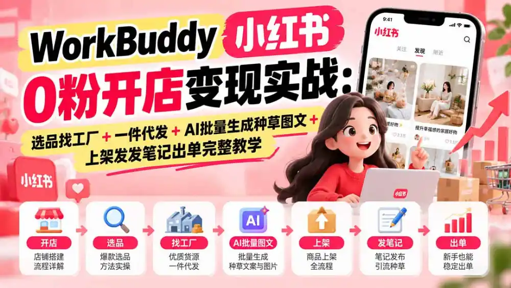 WorkBuddy小红书0粉开店变现实战：选品找工厂+一件代发+AI批量生成种草图文+上架发发笔记出单完整教学-云网创