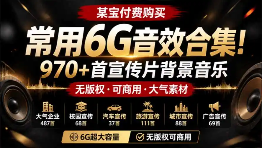 某宝付费购买,常用6G音效合集!970+首宣传片背景音乐,无版权可商用大气素材,分类清晰,高质量内容-云网创