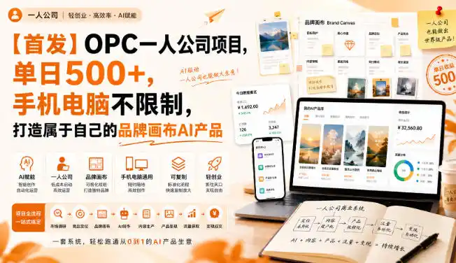 【首发】OPC一人公司项目，单日500+，手机电脑不限制，打造属于自己的品牌画布AI产品，收费陪跑【揭秘】-云网创