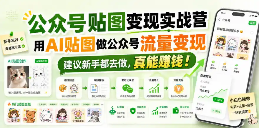 公众号贴图变现实战营，用AI贴图做公众号流量变现，建议新手都去做，真能賺钱！-云网创