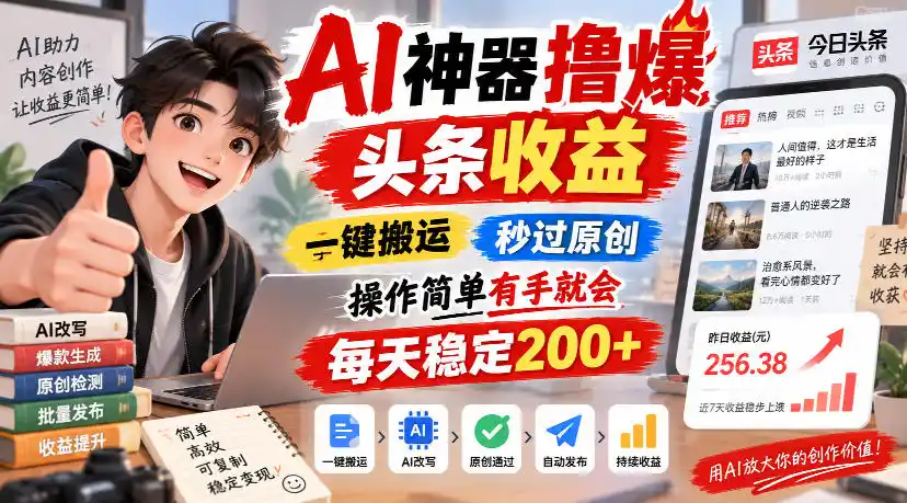 AI神器撸爆头条收益,一键搬运,秒过原创,操作简单有手就会,每天稳定200+【揭秘】-云网创