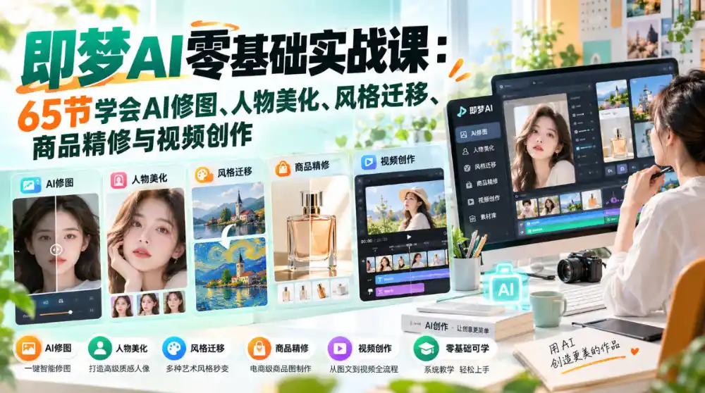 即梦AI零基础实战课：65节学会AI修图、人物美化、风格迁移、商品精修与视频创作-云网创