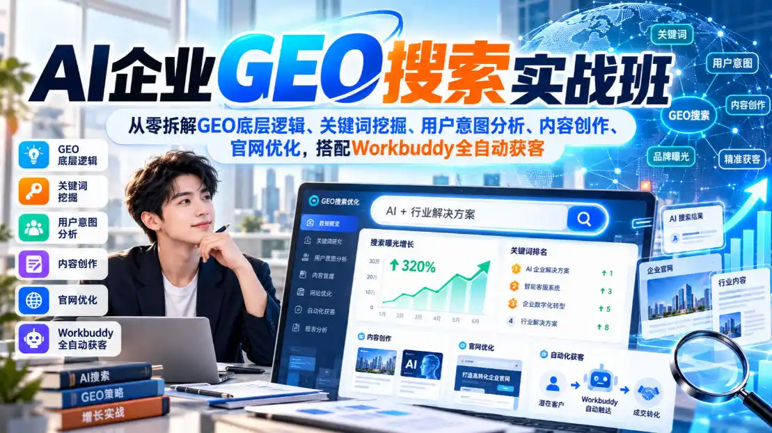 AI企业GEO搜索实战班,从零拆解GEO底层逻辑、关键词挖掘、用户意图分析、内容创作、官网优化,搭配Workbuddy全自动获客-云网创