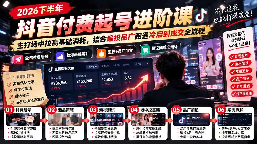 2026下半年抖音付费起号进阶课：主打场中拉高基础消耗，结合追投品广跑通冷启到成交全流程-云网创