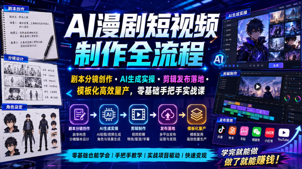 AI漫剧短视频制作全流程｜剧本分镜创作・AI生成实操・剪辑发布落地・模板化高效量产，零基础手把手实战课-云网创