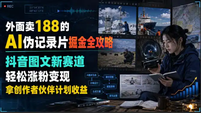 外面卖188的AI伪记录片掘金全攻略，抖音图文新赛道，轻松涨粉变现，拿创作者伙伴计划收益【文档】-云网创