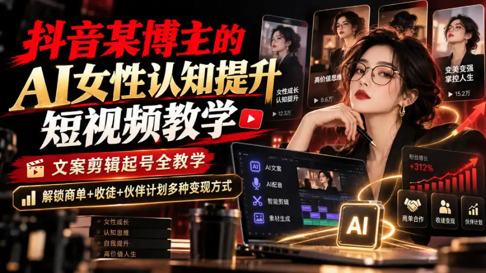 抖音某博主的Ai女性认知提升短视频教学,文案剪辑起号全教学,解锁商单+收徒+伙伴计划多种变现方式-云网创