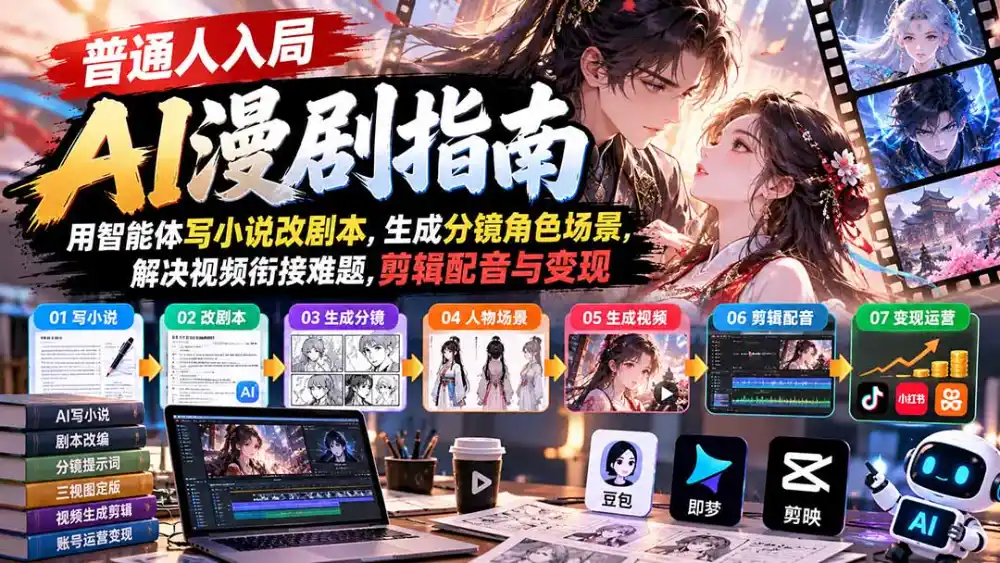 【无水印】普通人入局AI漫剧指南:用智能体写小说改剧本,生成分镜角色场景,解决视频衔接难题,剪辑配音与变现-云网创