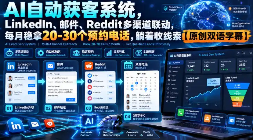 【无水印】AI自动获客系统，LinkedIn、邮件、Reddit多渠道联动，每月稳拿20-30个预约电话，躺着收线索【原创双语字幕】-云网创