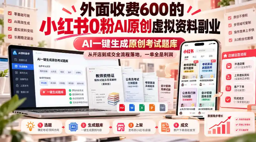 外面收费600的小红书0粉AI原创虚拟资料副业，AI一键生成原创考试题库，从开店到成交全流程落地，一单全是利润-云网创