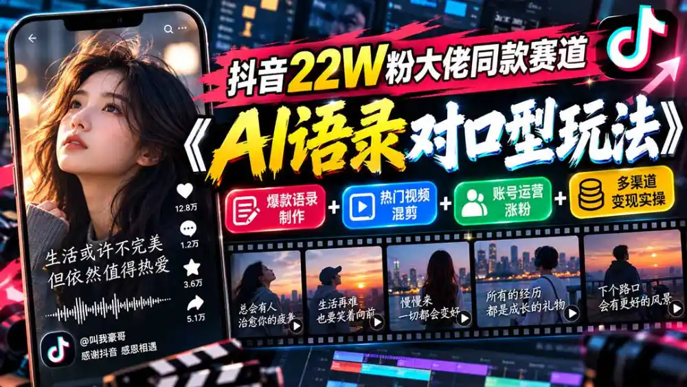 抖音22W粉大佬同款赛道《AI语录对口型玩法》：爆款语录制作+热门视频混剪+账号运营涨粉+多渠道变现实操-云网创
