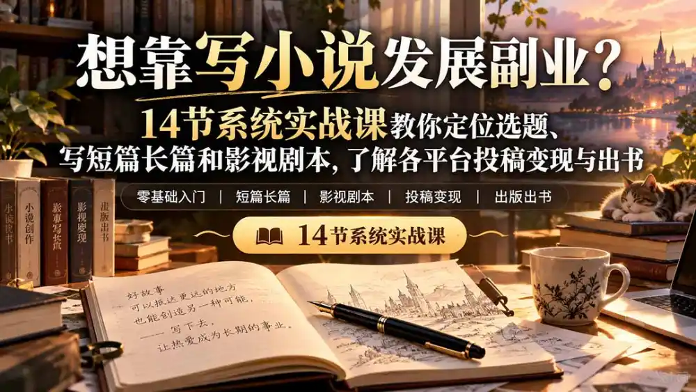 【无水印】想靠写小说发展副业?14节系统实战课教你定位选题、写短篇长篇和影视剧本,了解各平台投稿变现与出书-云网创