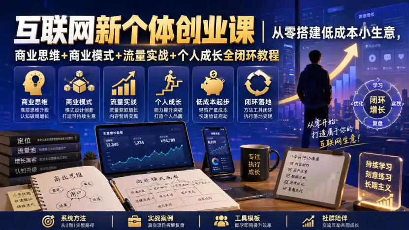 互联网新个体创业课｜从零搭建低成本小生意，商业思维+商业模式+流量实战+个人成长全闭环教程-云网创