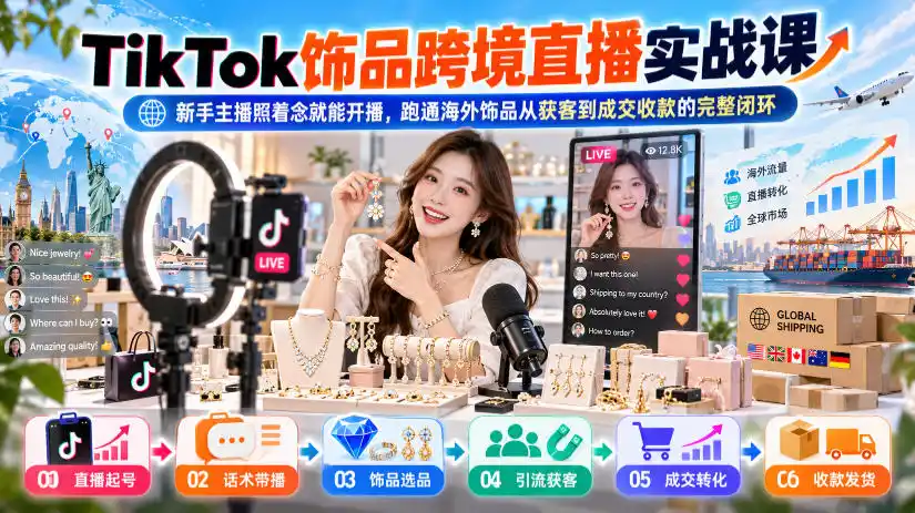 TikTok饰品跨境直播实战课，新手主播照着念就能开播，跑通海外饰品从获客到成交收款的完整闭环-云网创