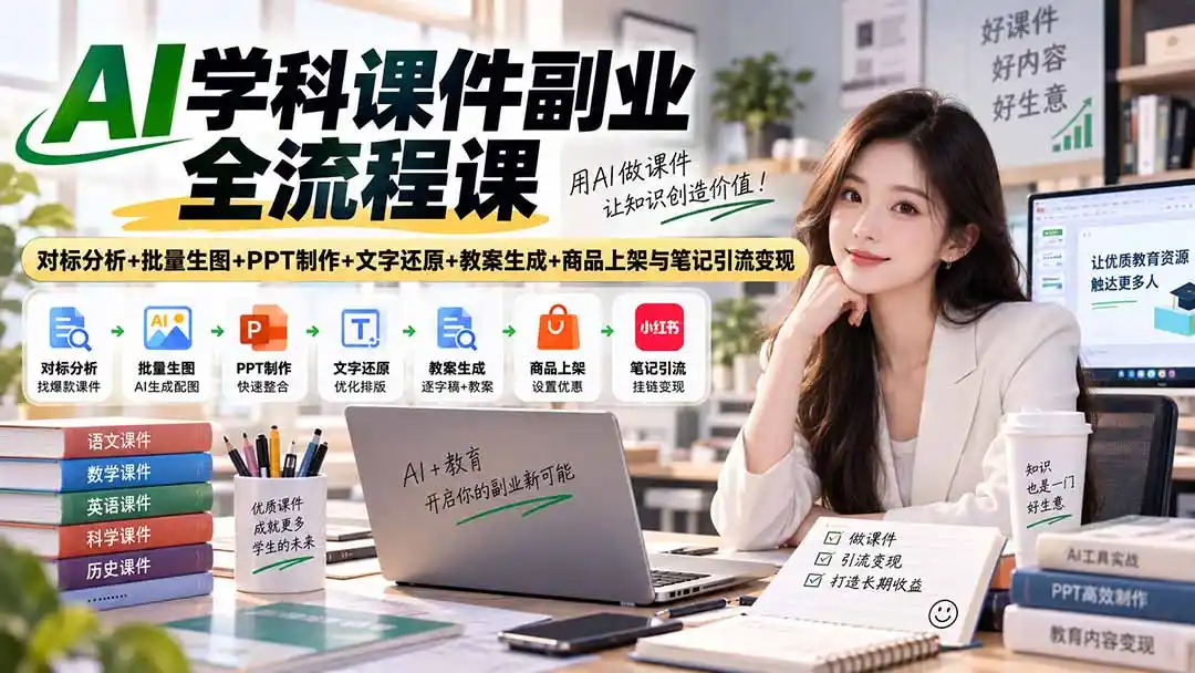 AI学科课件副业全流程课|对标分析+批量生图+PPT制作+文字还原+教案生成+商品上架与笔记引流变现-云网创
