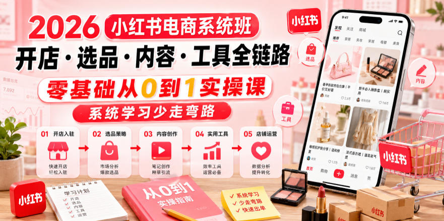 2026小红书电商系统班开店・选品・内容・工具全链路，零基础从0到1实操课，系统学习少走弯路-云网创