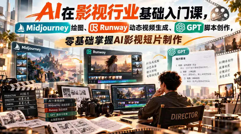 【无水印】AI在影视行业基础入门课,Midjourney绘图、Runway动态视频生成、GPT脚本创作,零基础掌握AI影视短片制作-云网创