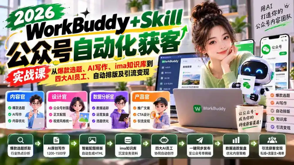 WorkBuddy + Skill公众号自动化获客实战课：从爆款选题、AI写作、ima知识库到四大AI员工、自动排版及引流变现-云网创