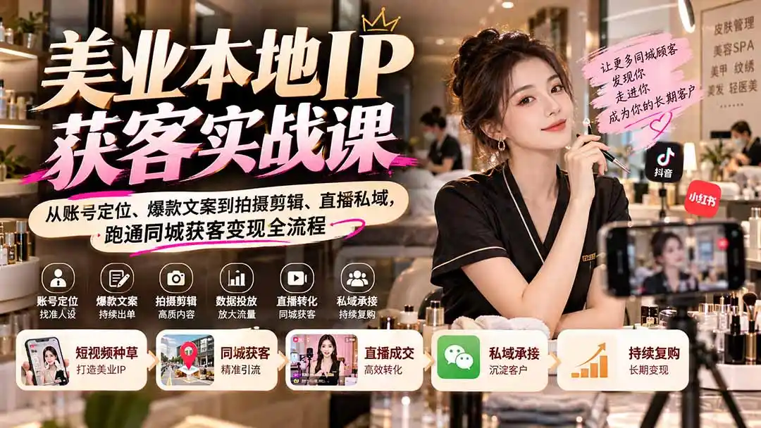 【无水印】美业本地IP获客实战课：从账号定位、爆款文案到拍摄剪辑、直播私域，跑通同城获客变现全流程-云网创