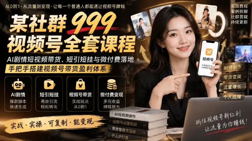 某社群999视频号全套课程,AI剧情短视频带货、短引短挂与微付费落地,手把手搭建视频号带货盈利体系-云网创