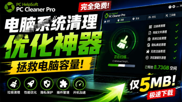 轻松吊打Win系统自带工具！电脑清理神器，拯救电脑容量，仅5MB，完全免费使用PC Cleaner Pro-云网创