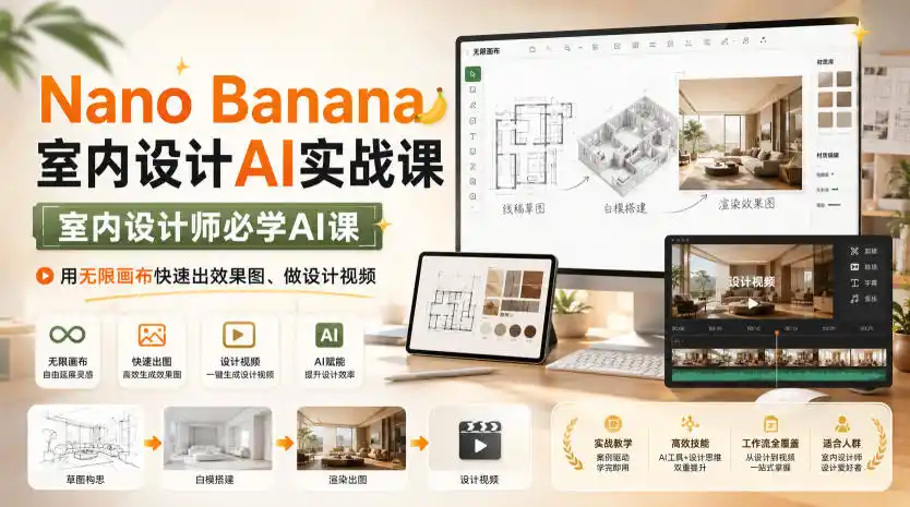 Nano Banana室内设计AI实战课，室内设计师必学AI课，用无限画布快速出效果图、做设计视频-云网创