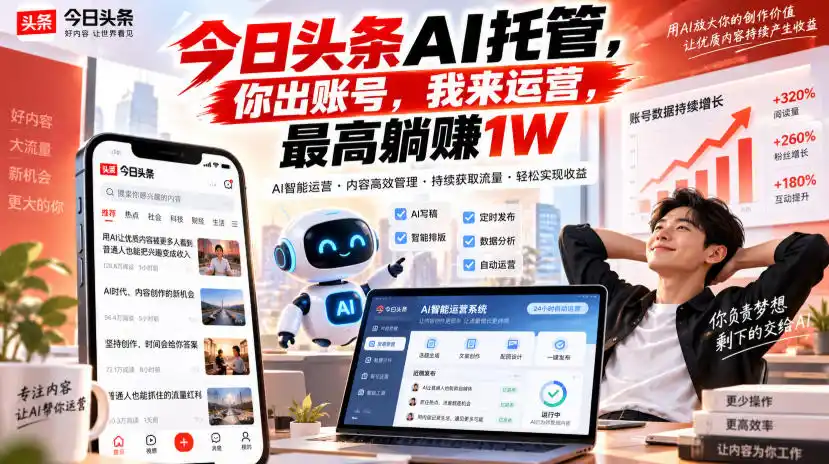 今日头条AI托管,你出账号,我来运营,最高躺賺1W【揭秘】-云网创
