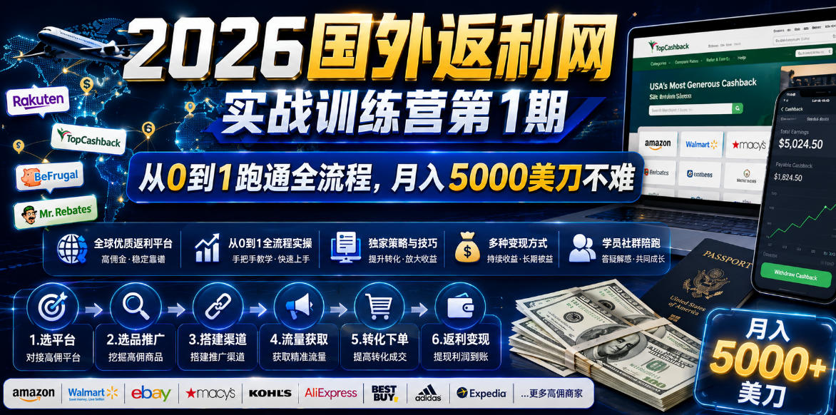 2026国外返利网实战变现营-第一期，从零拆解项目逻辑与流程，跑通完整变现链路，月入5000美金-云网创