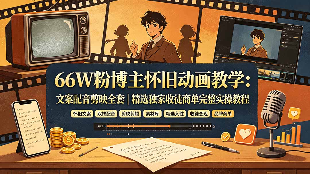 66W粉博主怀旧动画教学：文案配音剪映全套｜精选独家收徒商单完整实操教程-云网创