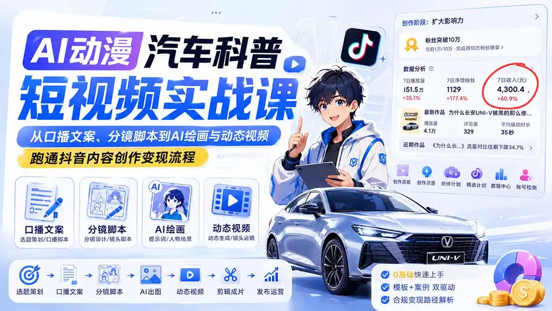 AI动漫汽车科普短视频实战课：从口播文案、分镜脚本到AI绘画与动态视频，跑通抖音内容创作变现流程-云网创