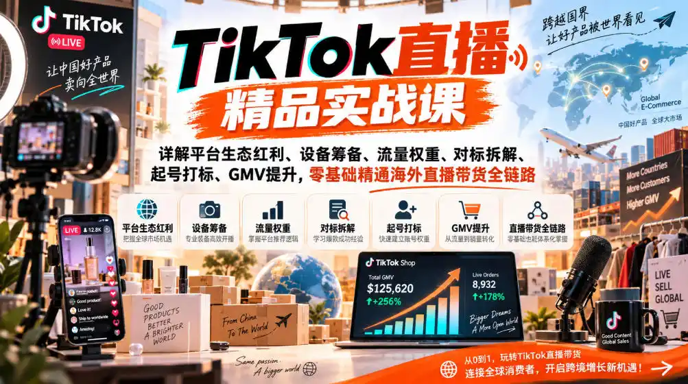 TikTok直播精品实战课,详解平台生态红利、设备筹备、流量权重、对标拆解、起号打标、GMV提升,零基础精通海外直播带货全链路-云网创