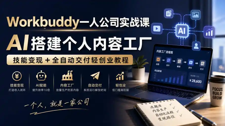 Workbuddy一人公司实战课，AI搭建个人内容工厂，技能变现+全自动交付轻创业教程-云网创
