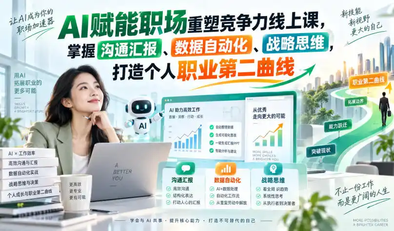 AI赋能职场重塑竞争力线上课,掌握沟通汇报、数据自动化、战略思维,打造个人职业第二曲线-云网创