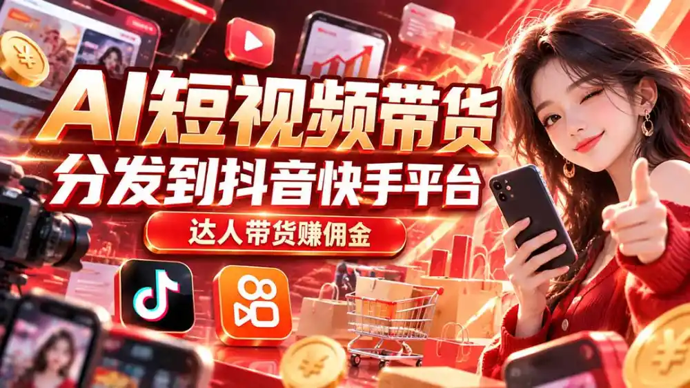 【AI短视频带货】分发到抖音快手平台,达人带货赚佣金-云网创