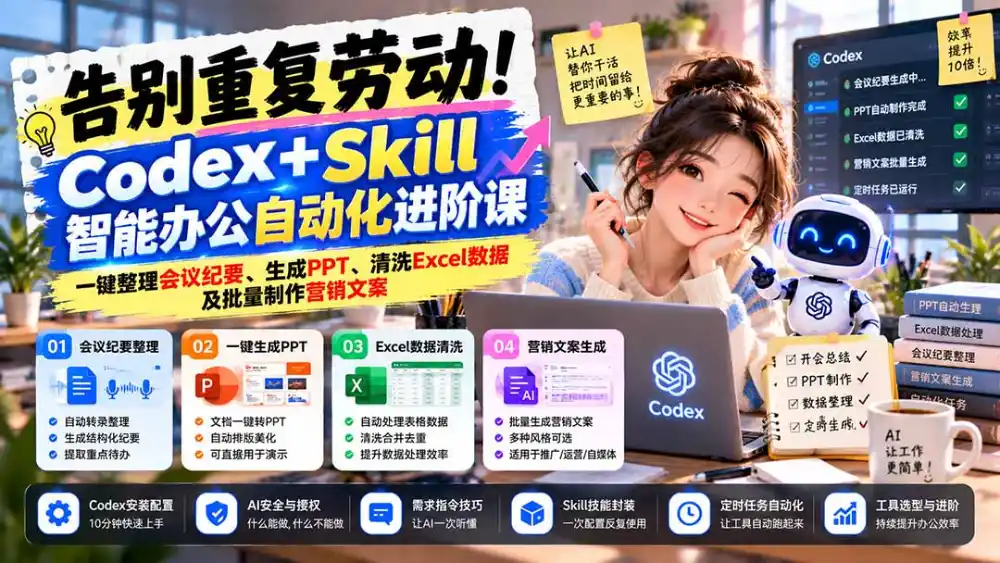 告别重复劳动!Codex+Skill智能办公自动化进阶课:一键整理会议纪要、生成PPT、清洗Excel数据及批量制作营销文案-云网创
