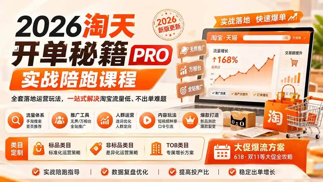 2026淘天开单秘籍PRO实战陪跑课程：全套落地运营玩法，一站式解决淘宝流量低、不出单难题(更新260823-云网创