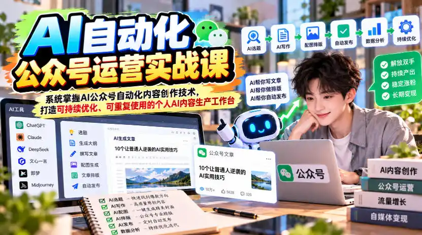 AI自动化公众号运营实战课,系统掌握AI公众号自动化内容创作技术,打造可持续优化、可重复使用的个人AI内容生产工作台-云网创