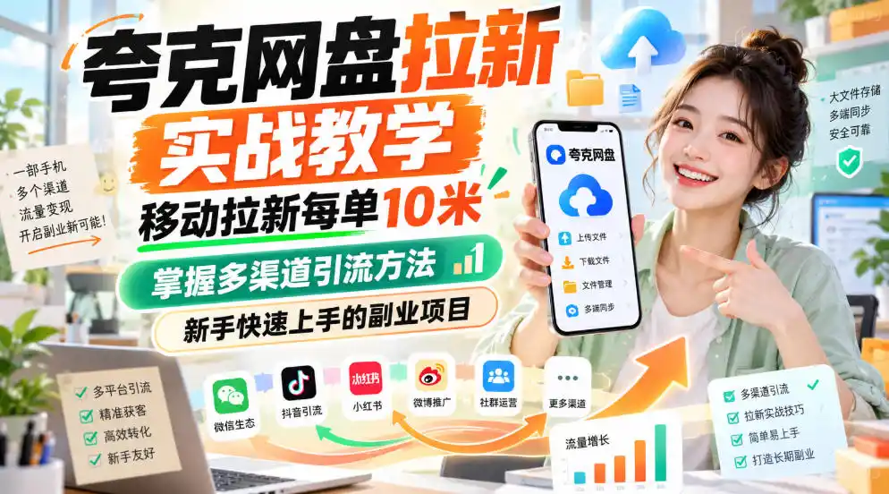 夸克网盘拉新实战教学，移动拉新每单10米，掌握多渠道引流方法，新手快速上手的副业项目(更新1017)-云网创