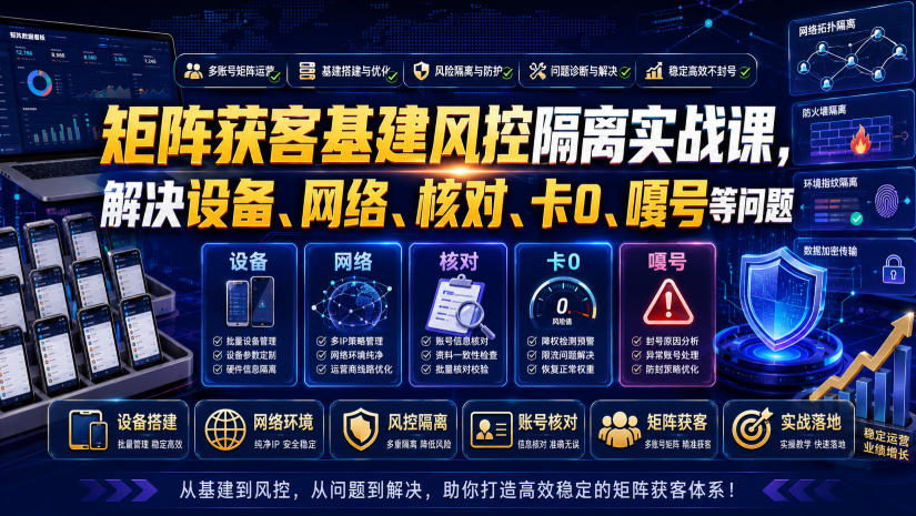 矩阵获客基建风控隔离实战课，解决设备、网络、核对、卡0、嘎号等问题-云网创