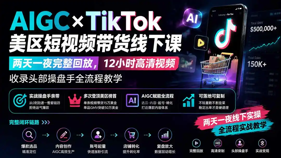 AIGC×TikTok美区短视频带货线下课;两天一夜完整回放,12小时高清视频收录头部操盘手全流程教学-云网创