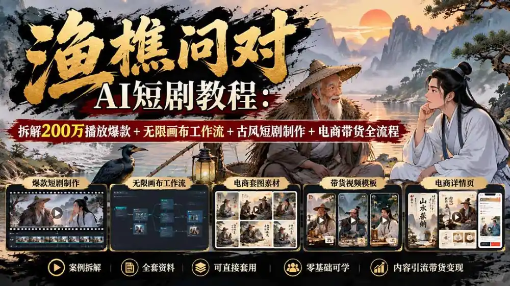 【无水印】渔樵问对AI短剧教程:拆解200万播放爆款+无限画布工作流+古风短剧制作+电商带货全流程-云网创