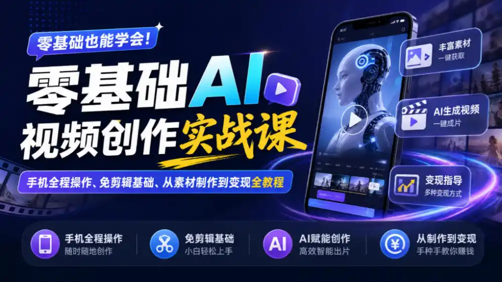 零基础AI视频创作实战课｜手机全程操作、免剪辑基础、从素材制作到变现全教程-云网创