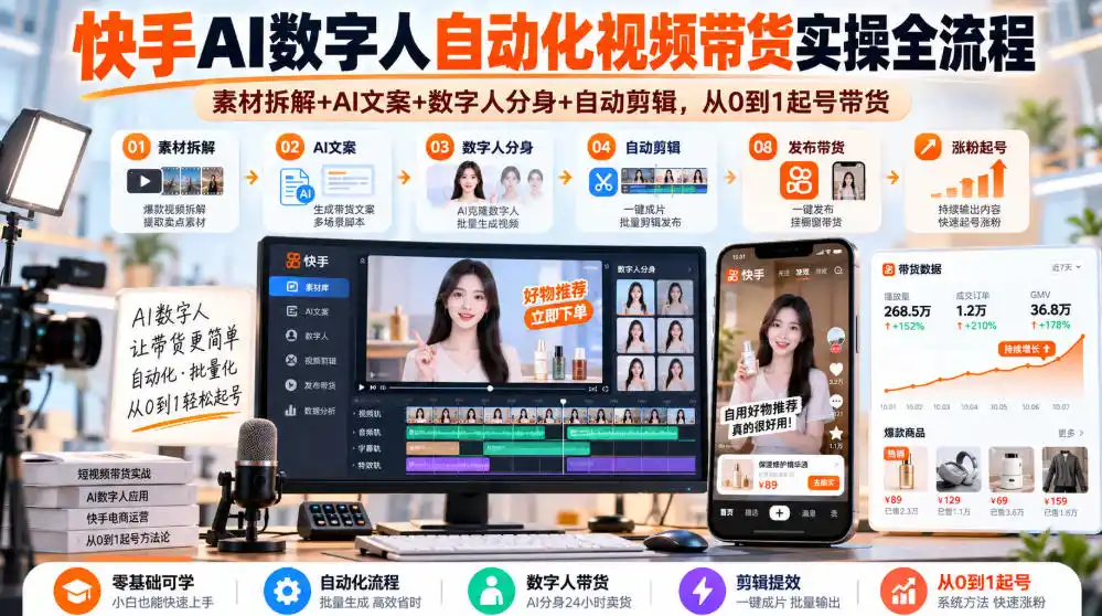 快手AI数字人自动化视频带货实操全流程|素材拆解+AI文案+数字人分身+自动剪辑,从0到1起号带货(更新26年)-云网创