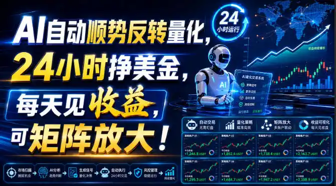 AI自动顺势反转量化,24小时挣美金,每天见收益,可矩阵放大!【揭秘】-云网创