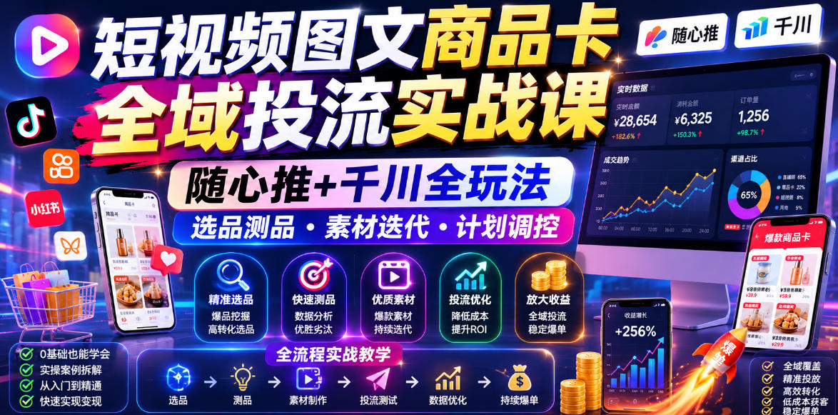 短视频图文商品卡全域投流实战课，随心推+千川全玩法，选品测品・素材迭代・计划调控，提升ROI爆单增收教程-云网创