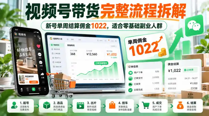 视频号带货完整流程拆解,新号单周结算佣金1022,适合零基础副业人群-云网创