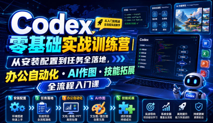 Codex零基础实战训练营｜从安装配置到任务全落地，办公自动化・AI作图・技能拓展全流程入门课-云网创